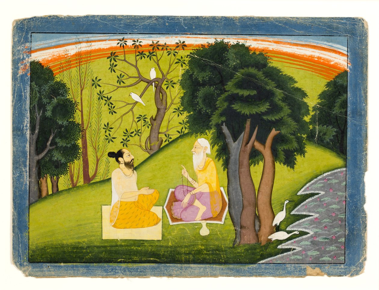 To vismænd i diskussion i et landskab, ca. 1785 (ugennemsigtigt wc & guld på papir) af Indian School