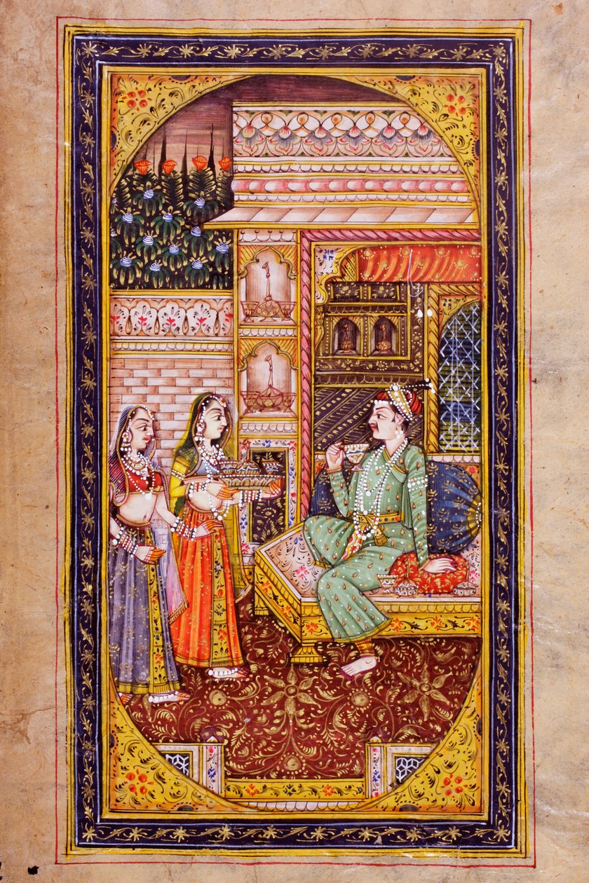 To tjenestepiger serverer en forfriskning til en ædel mand i et rigt dekoreret rum, Rajasthani miniaturemaleri af Indian School
