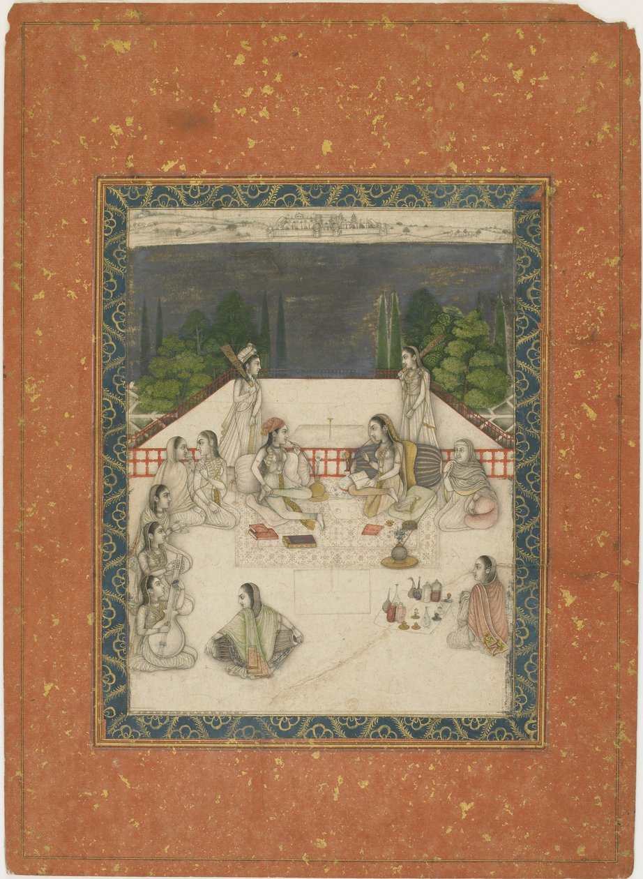 To kvinder siddende på en terrasse, omgivet af ledsagere og musikere, ca. 1650 (ugennemsigtigt wc & guld på papir) af Indian School