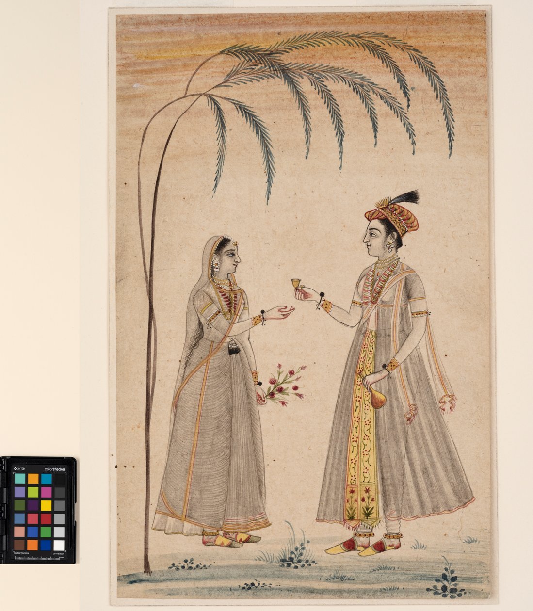 To kvinder under et træ, ca. 1750 (ugennemsigtig akvarel og guld på papir) af Indian School