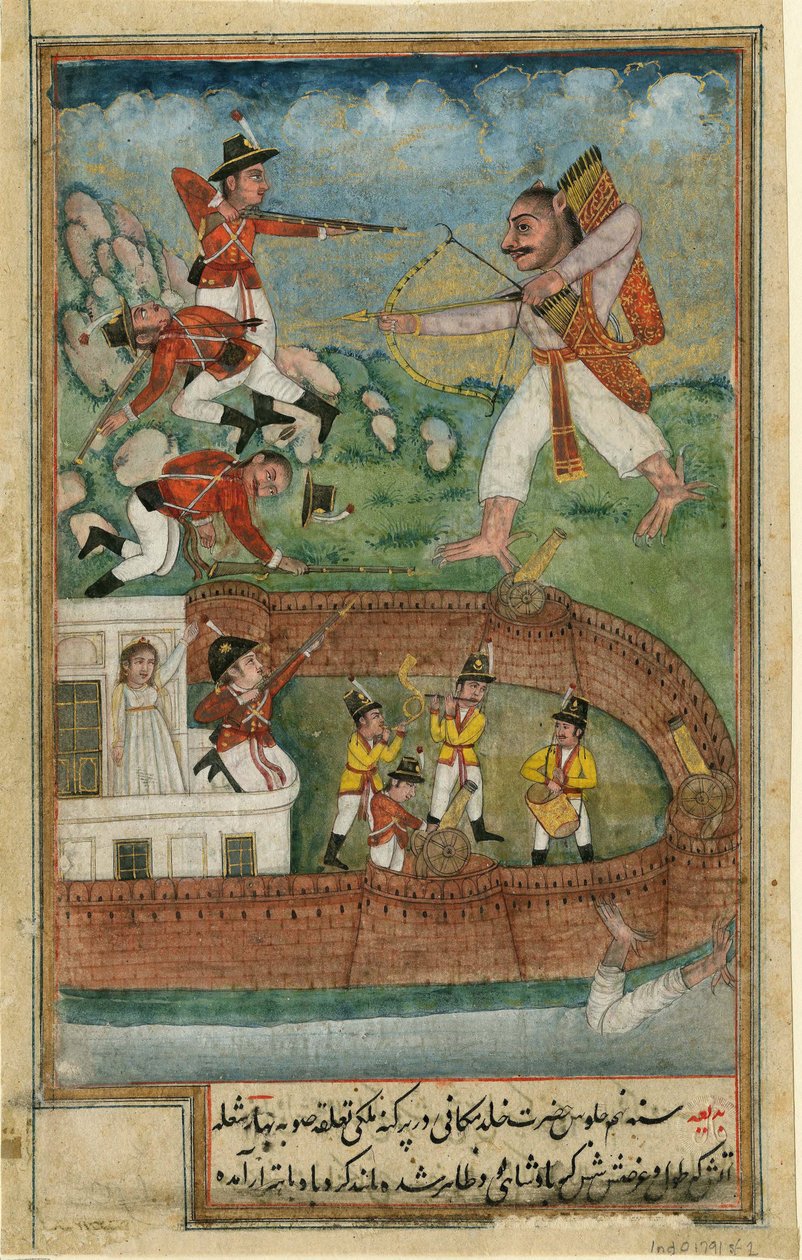 En dæmon angriber et fort forsvaret af europæiske tropper - Indiske dæmoner angriber fort forsvaret af europæiske tropper - Indisk kunst - ca. 1790 - Akvarel på papir - 24x15,3 - Privat Samling af Indian School