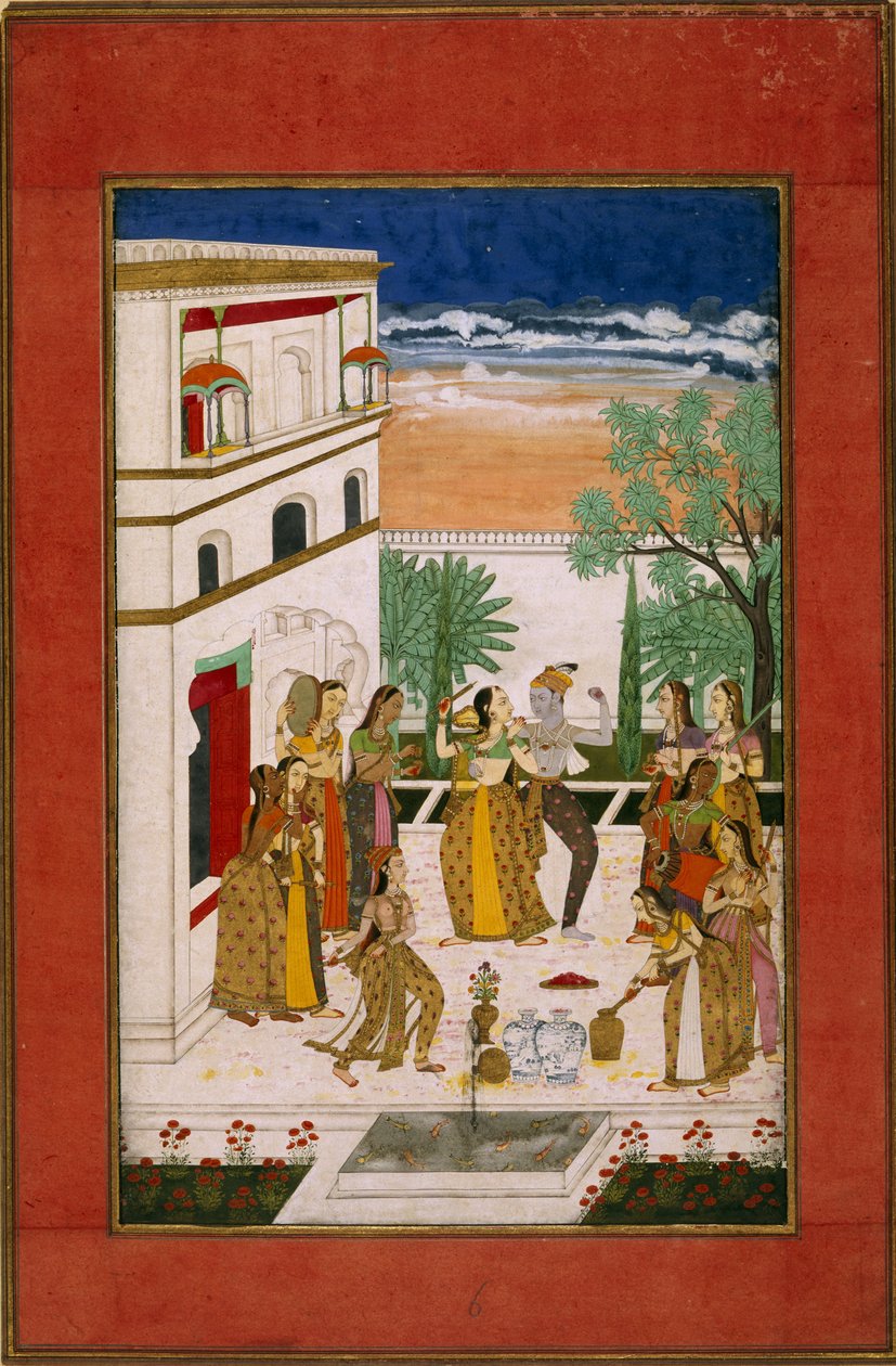 Vasanta Ragini, Radha & Krishna danser, ca. 1760 (akvarel på papir) af Indian School