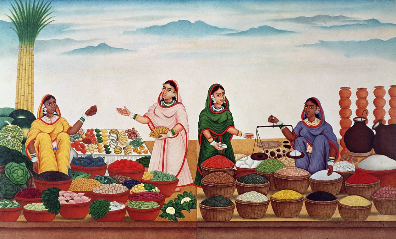 Grøntsags- og krydderimarked i Benares, ca. 1840 af Indian School