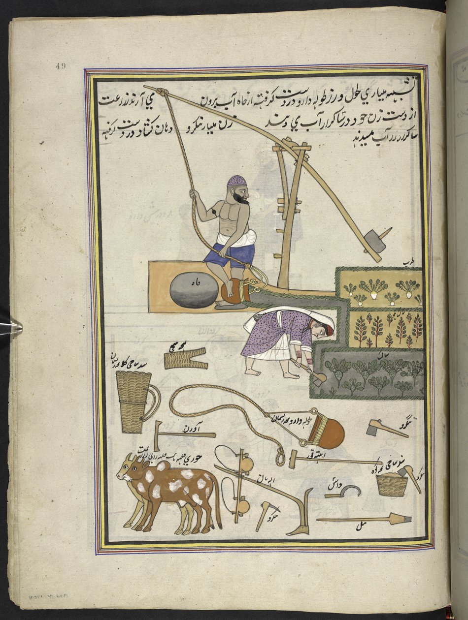 Grøntsagskultivatorer med brønd,  86 tegninger indbundet i et bind, der viser håndværk og erhverv i Kashmir, håndværkere vises i arbejde med deres redskaber og udstyr,  Af en Kashmir-kunstner, sandsynligvis i Srinagar, ca. 1850-60 (gouache på papir) af Indian School