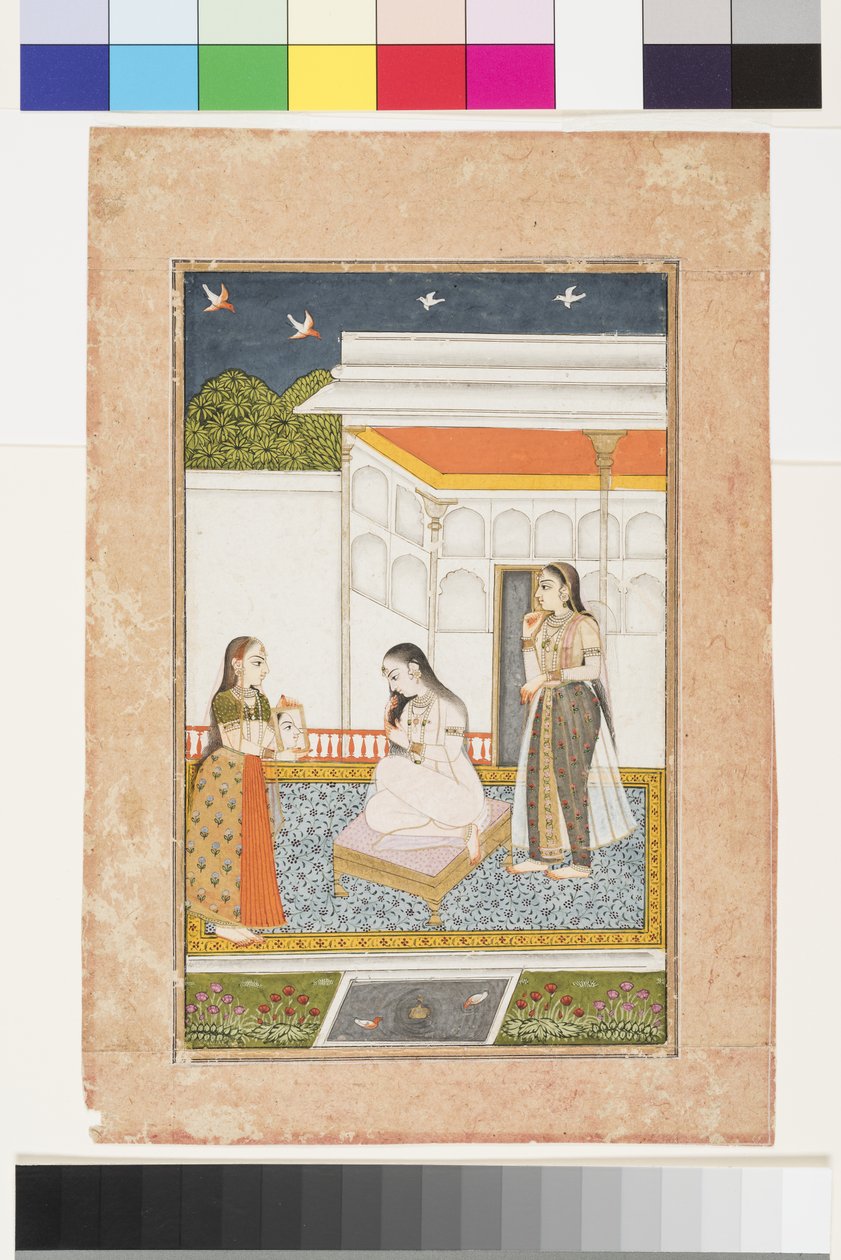 Vilaval Ragini af Hindol, ca. 1745 (ugennemsigtig akvarel og guld på papir, monteret på en albumside) af Indian School