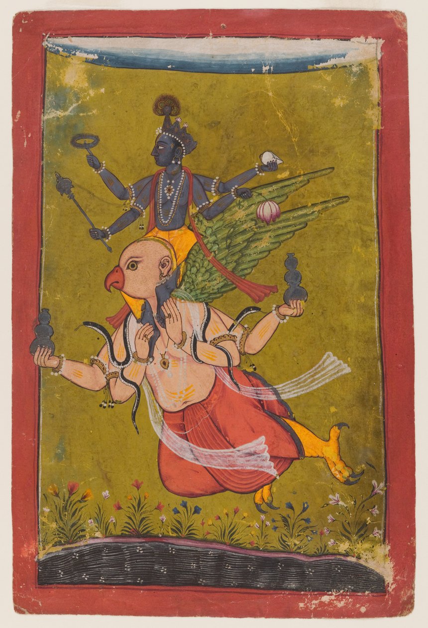 Vishnu på Garuda, ca. 1725 eller tidligere (wc, sølv og guld på papir) af Indian School