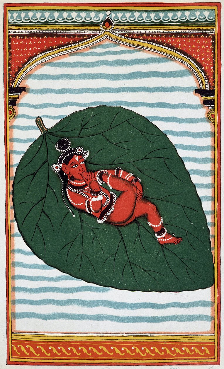 Vishnu eller Narayan: Den anden store guddom i den brahmaniske triade, hans fødsel - litho fra det 18. århundrede. af Indian School