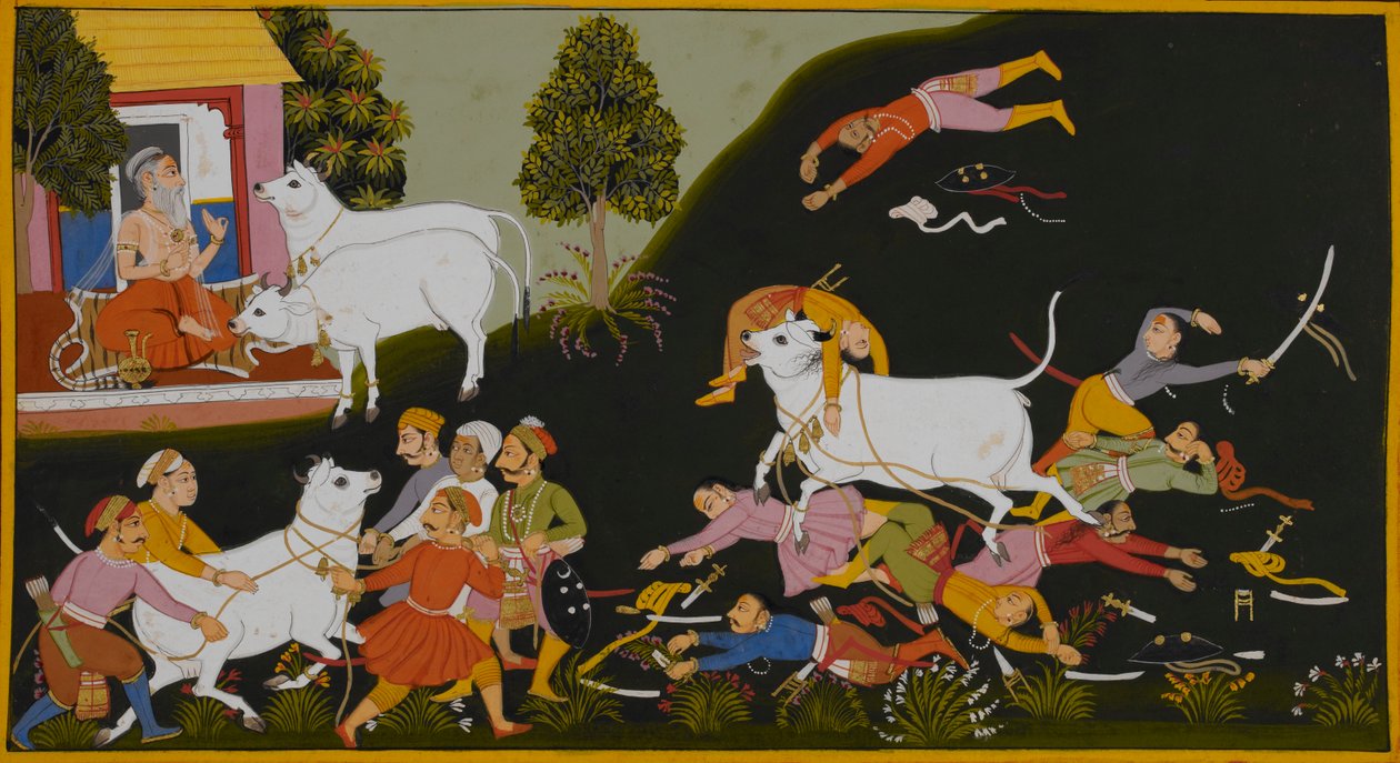 Viśvāmitras tjenere tager Śabala, men hun undslipper og spørger Vasiṣṭha, hvorfor han forlod hende. af Indian School