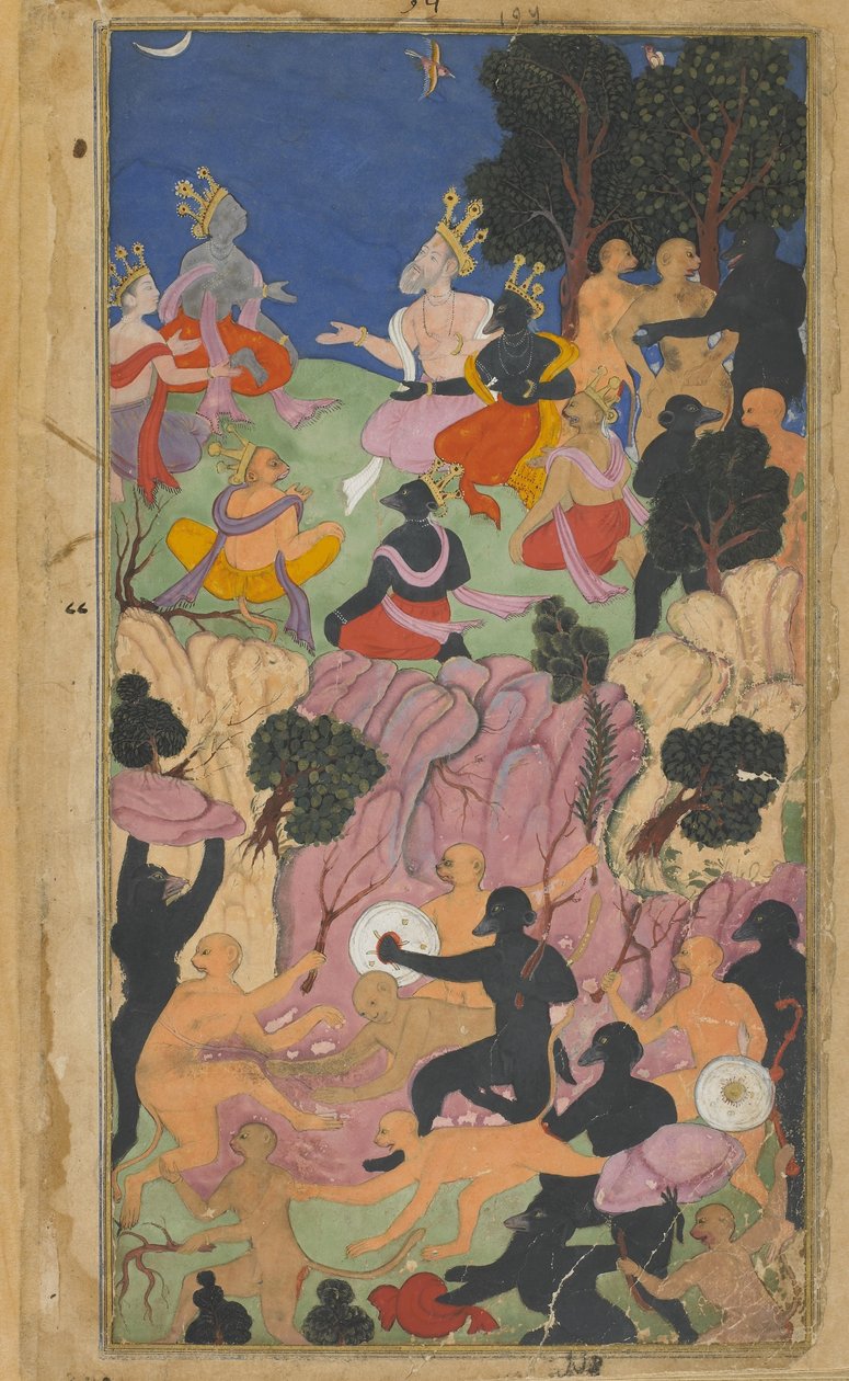 Vol.2 fol.194 Rama konfererer med Vanara-høvdingene på Suvela-bjerget (ugennemsigtig akvarel, blæk og guld på papir) af Indian School