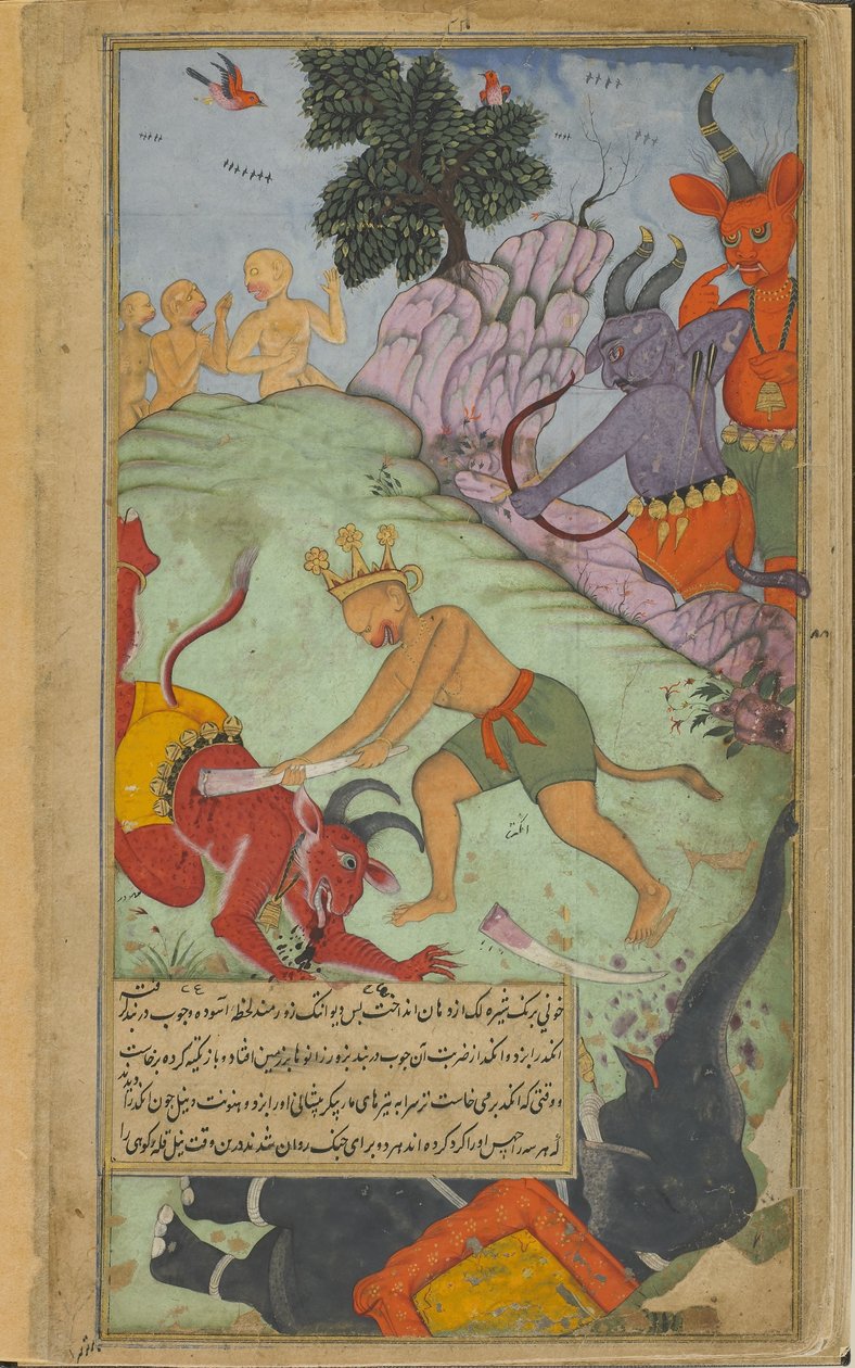 Vol.2 fol.227 Angada slår Devantaka ned med en stødtænd revet af Mahodaras elefant (ugennemsigtig akvarel, blæk og guld på papir) af Indian School