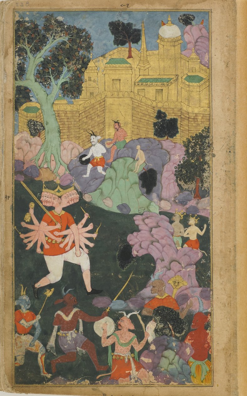 Vol.2 fol.238 Ravana og hans styrker tager stilling foran byen (ugennemsigtig akvarel, blæk og guld på papir) af Indian School