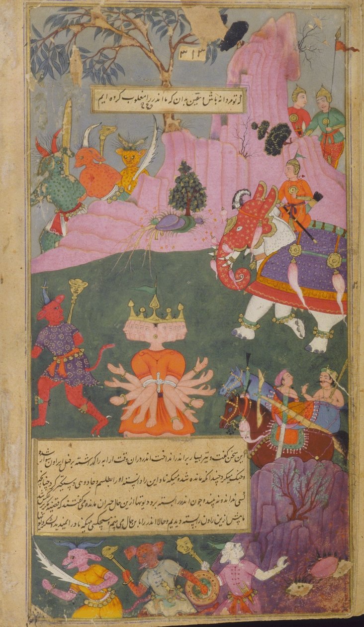 Vol.2 fol.310 raksasa-hæren flygter ved synet af Ravana taget til fange af Indra (ugennemsigtig akvarel, blæk og guld på papir) af Indian School