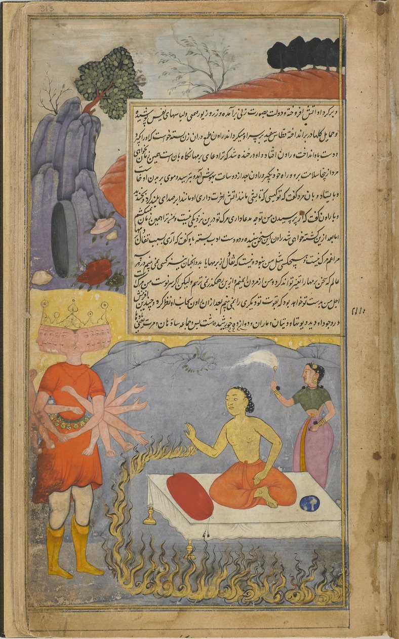 Vol.2 fol.313 Ravana taler med Mahajambunada, som er omgivet af en ring af ild og ledsaget af Lakshmi (ugennemsigtig akvarel, blæk og guld på papir) af Indian School