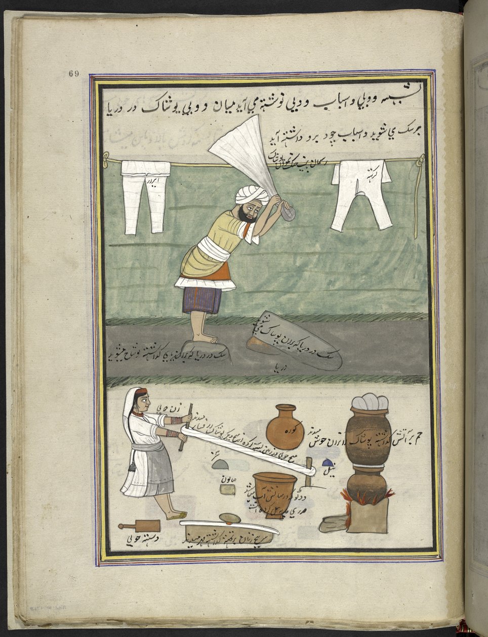 Vaskemand og vaskekone,  86 tegninger indbundet i et bind, der viser håndværk og erhverv i Kashmir, håndværkere vises i arbejde med deres redskaber og udstyr,  Af en Kashmir-kunstner, sandsynligvis i Srinagar, ca. 1850-60 (gouache på papir) af Indian School