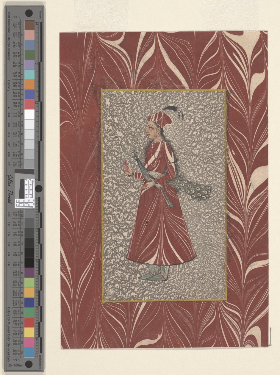 Woman Holding a Peacock, Bijapur, d1660 (blæk og akvarel på papir) af Indian School