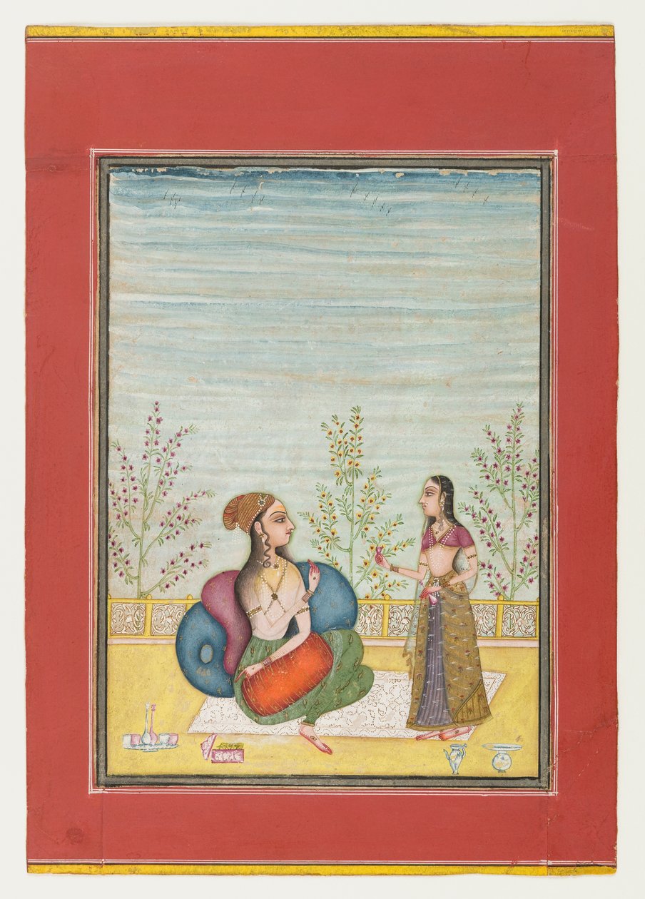 Kvinde og ledsager, ca. 1700-10 (ugennemsigtigt wc & guld på papir) af Indian School