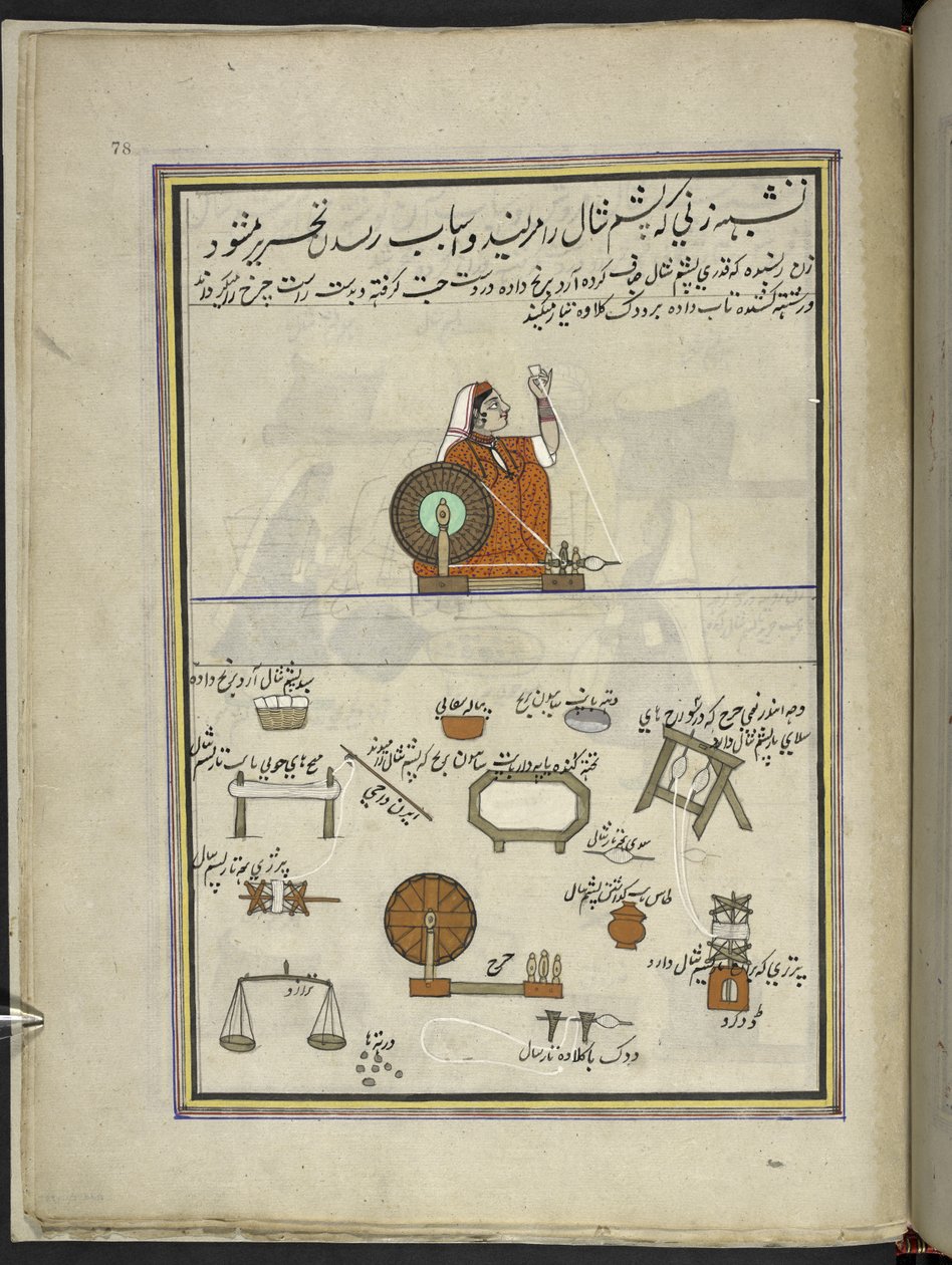 Kvinde spinder uld,  86 tegninger indbundet i et bind, der viser håndværk og erhverv i Kashmir, håndværkere vises i arbejde med deres redskaber og udstyr,  Af en Kashmir-kunstner, sandsynligvis i Srinagar, ca. 1850-60 (gouache på papir) af Indian School
