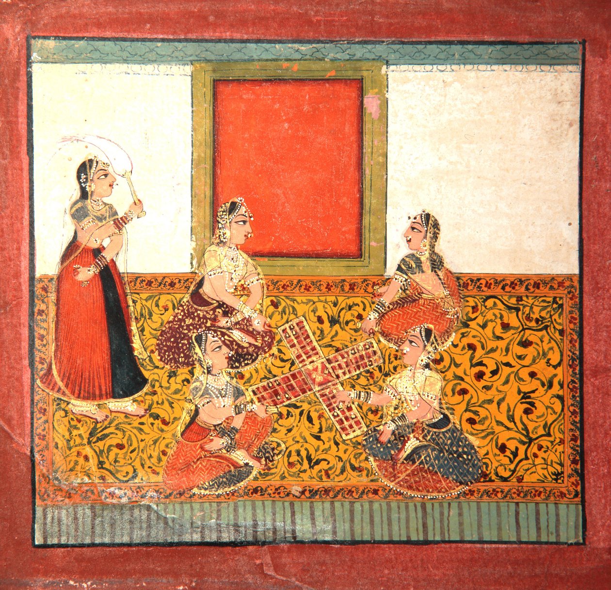 Kvinder, der spiller Parcheesi, siddende på et gulmønstret gulvspredning, ca. 1725 (ugennemsigtigt wc & guld på papir) af Indian School