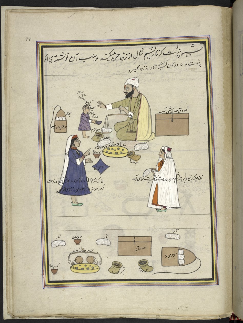 Kvinder, der returnerer det spundne sjaluld,  86 tegninger indbundet i et bind, der viser håndværk og erhverv i Kashmir, håndværkere vises i arbejde med deres redskaber og udstyr,  Af en Kashmir-kunstner, sandsynligvis i Srinagar, ca. 1850-60 (gouache på p af Indian School