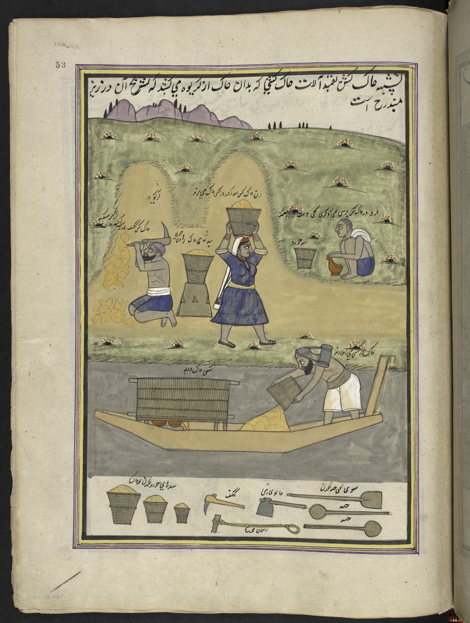 Arbejdere, der udgraver jord og transporterer det,  86 tegninger indbundet i et bind, der viser håndværk og erhverv i Kashmir, håndværkere vises i arbejde med deres redskaber og udstyr,  Af en Kashmir-kunstner, sandsynligvis i Srinagar, ca. 1850-60 (gouach af Indian School