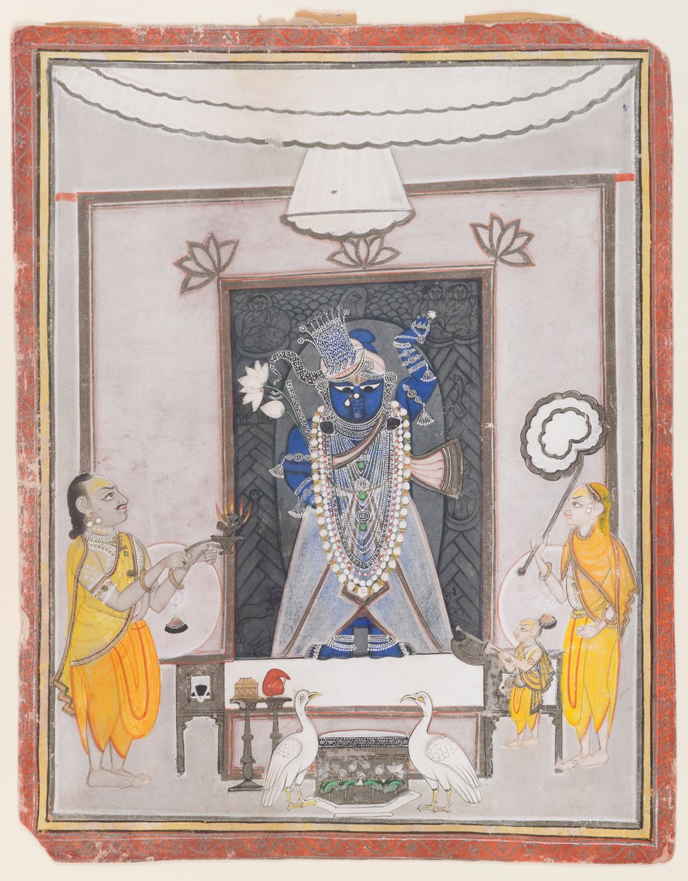 Tilbedelse af Shrinathaji (ugennemsigtigt wc, guld og sølv på papir) af Indian School
