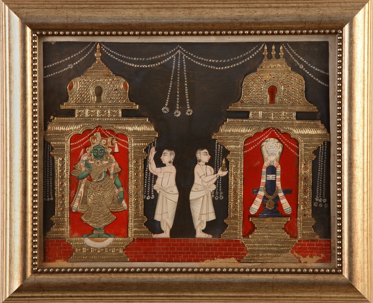 Tilbedelse af Visnhu og Shiva i form af Shivalingam, Tanjavore School, slutningen af det 19. århundrede (wc & guld på papir) af Indian School