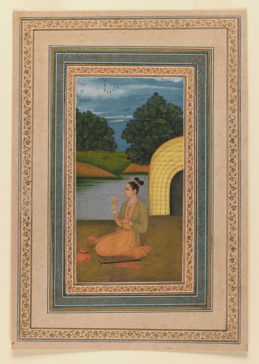 Yogini i et landskab, ca. 1760 (wc på papir) (recto of 375848) af Indian School