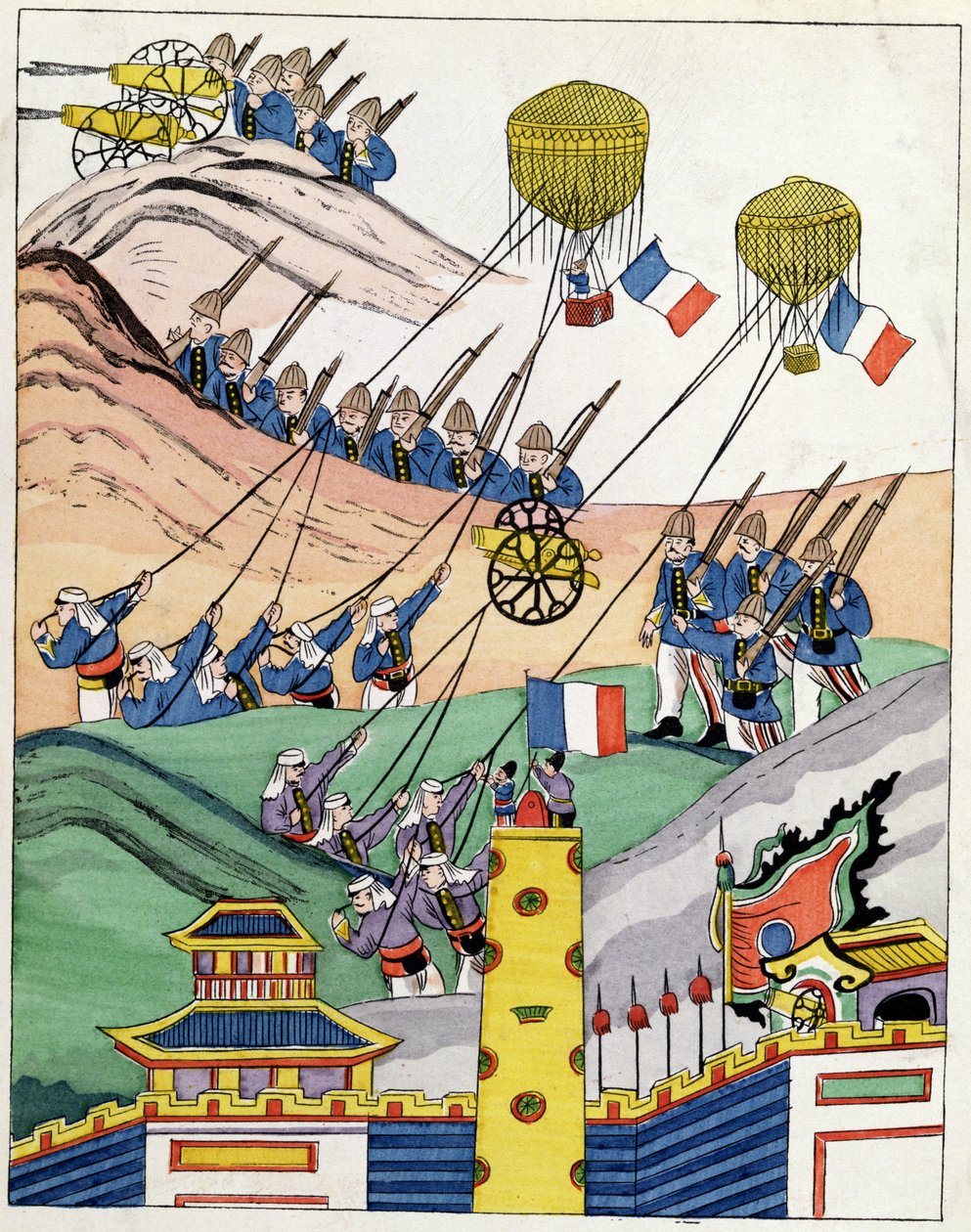 Plakat, der viser de franske tropper ved hjælp af fangede balloner på tidspunktet for erobringen af Tonkin, 1884 af Indo Chinese School