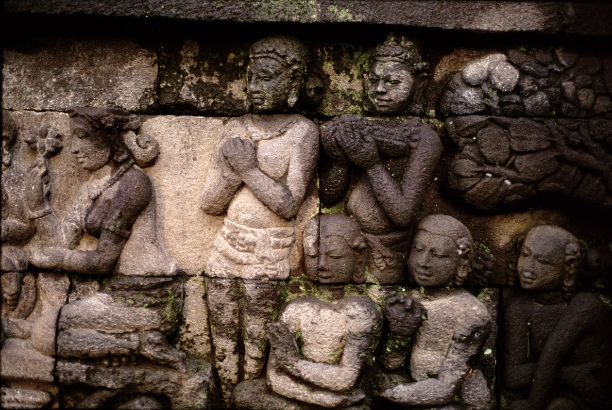 Detalje af det ydre, AD 778-850 vulkansk sten af Indonesian