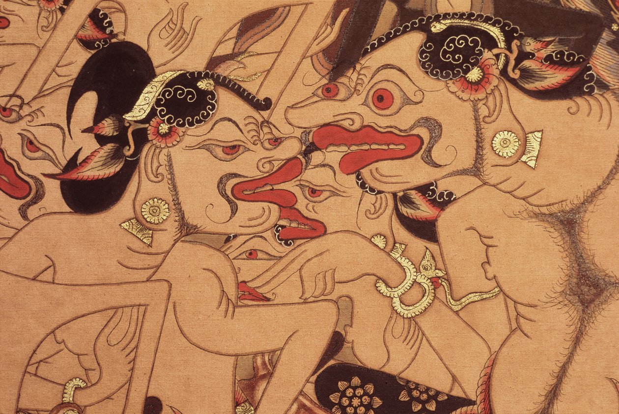 Detalje af en Wayang Beber-rulle (akvarel på papir) af Indonesian Indonesian