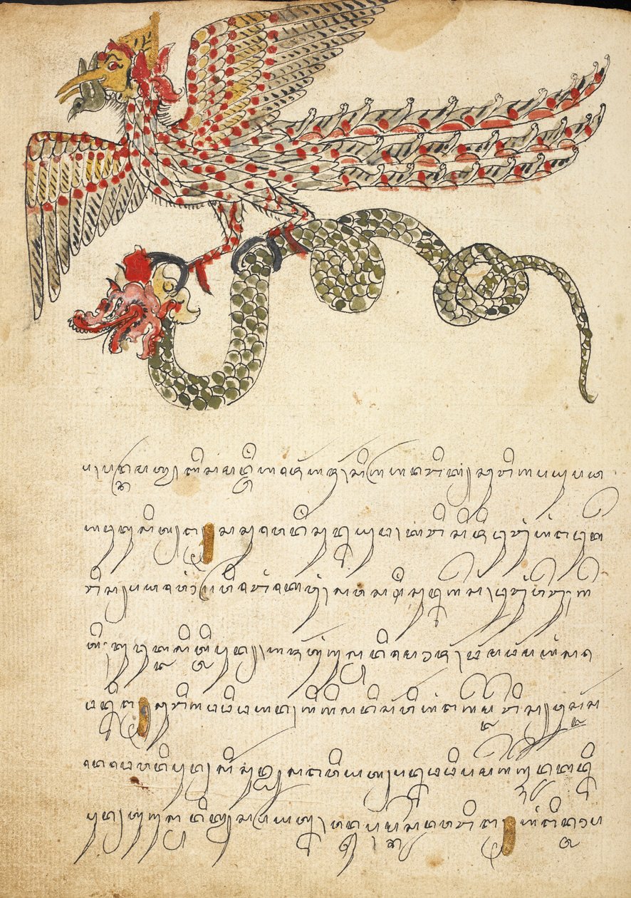 Et flyvende væsen, der bærer en slange, illustration fra 