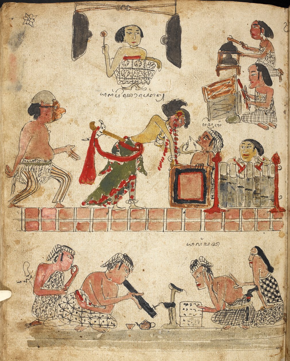 Folk spiller musik, danser og ryger, Illustration fra 