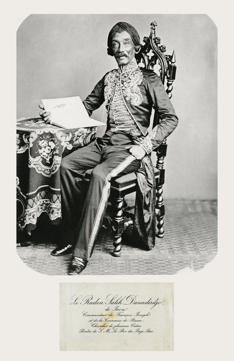 Portræt af Raden Saleh og hans visitkort, ca. 1850-70 (bw foto og gravering) af Indonesian School