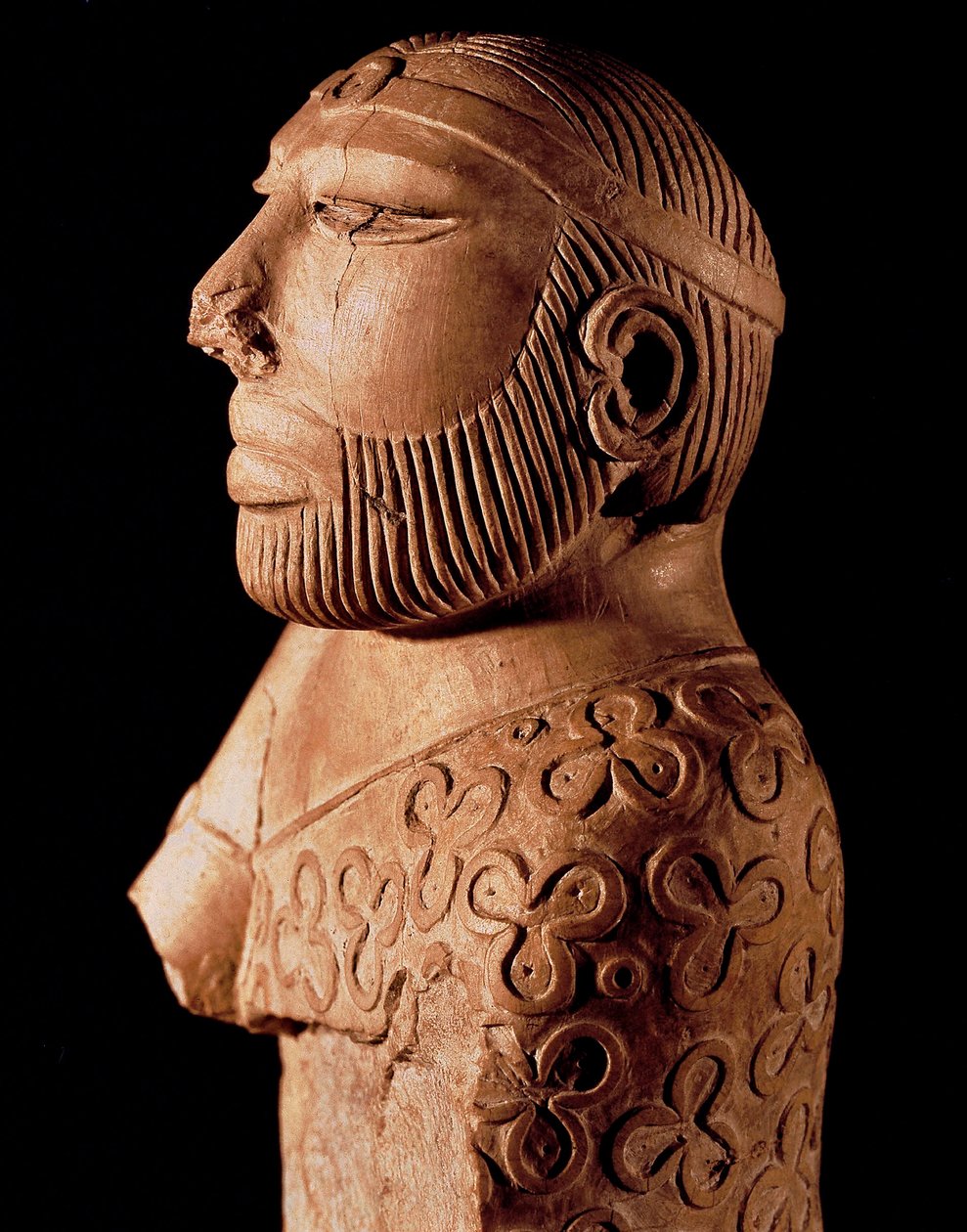 Indusdalens civilisation: træbuste af kongepræst. Omkring 2000 f.Kr. Fra Mohenjo-Daros hjemmeside i Pakistan. Nationalmuseet i Pakistan, Karachi. af Indus Valley Civilization
