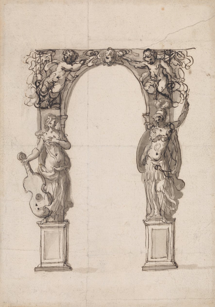 Design til en midlertidig bue prydet med Putti og allegoriske figurer af musik og krig af Inigo Jones
