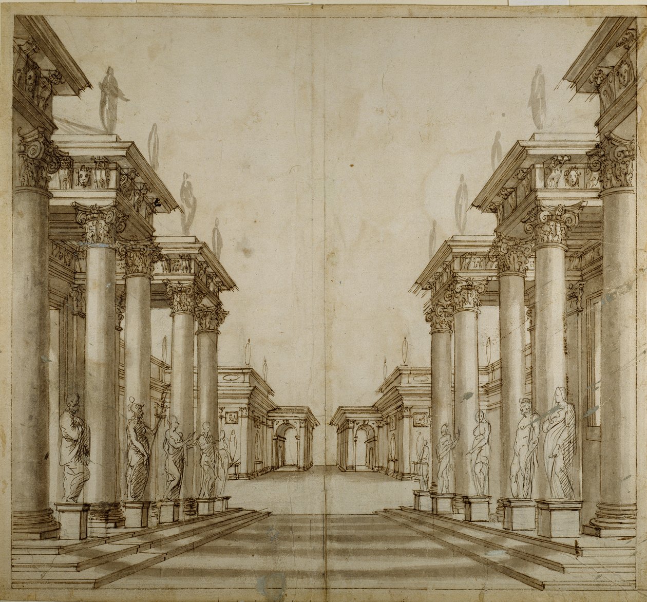 Et romersk atrium (pen og blæk på papir) af Inigo Jones