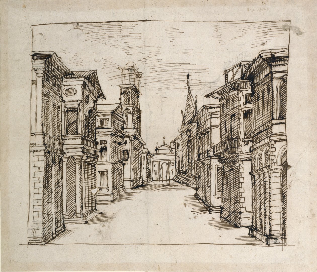 En gade i perspektiv, ca. 1617 (pen & blæk på papir) af Inigo Jones