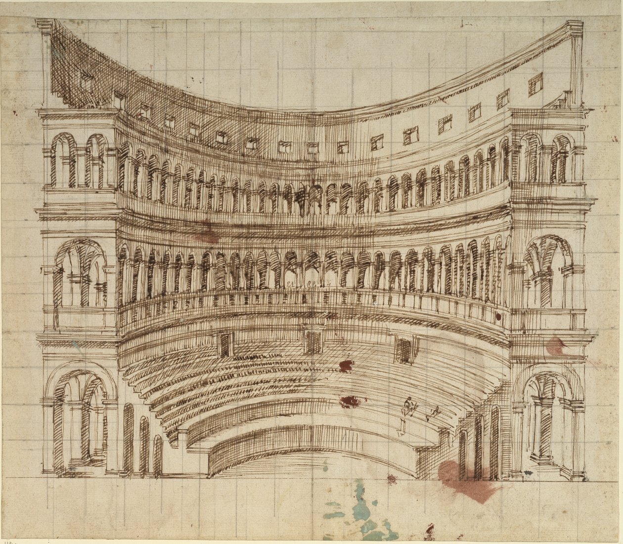 Et amfiteater (pen og blæk på papir) af Inigo Jones
