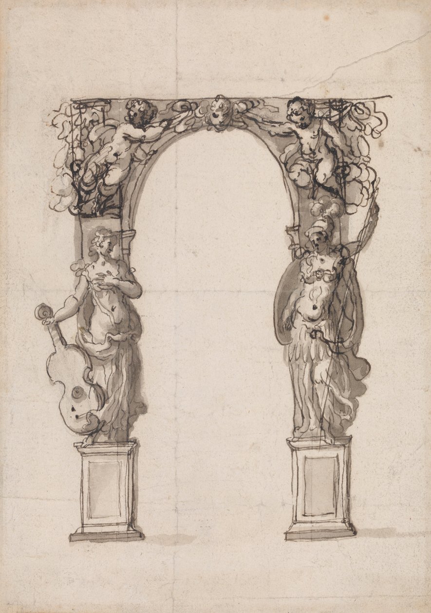 Design til en midlertidig bue dekoreret med Putti og allegoriske figurer af musik og krig af Inigo Jones