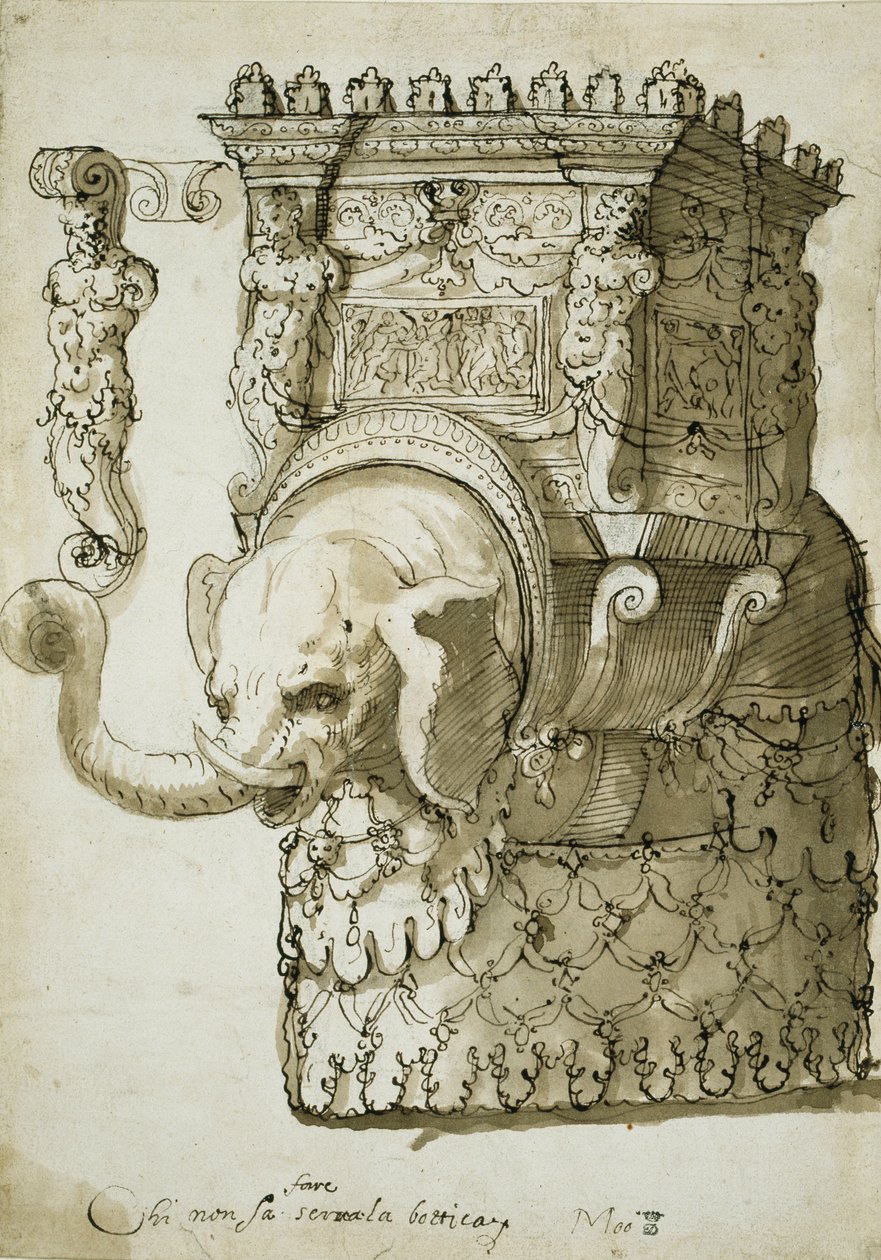 Design til en elefantkonkurrence (pen og blæk på papir) af Inigo Jones