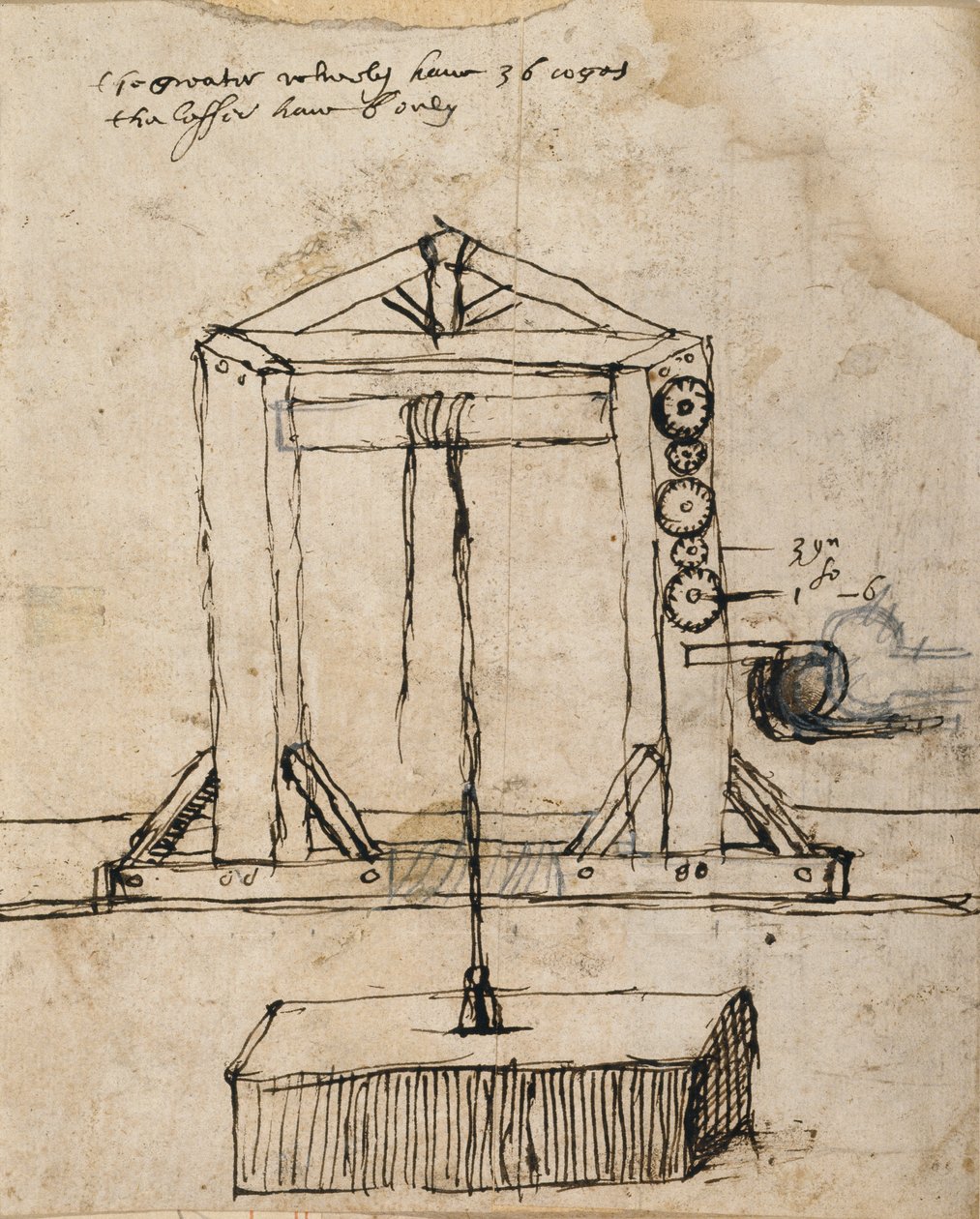 Diagram for et remskiveløftende murværk (pen & blæk på papir) af Inigo Jones