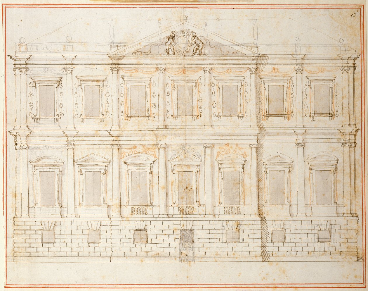 Forhøjning af det næstsidste design for Banqueting House, Whitehall, ca. 1619 (pen & blæk på papir) af Inigo Jones