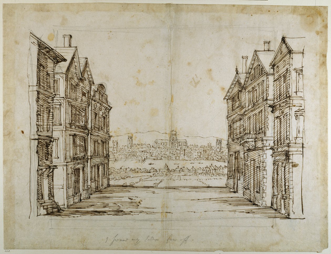 Engelske huse med London og Themsen langt væk (pen og blæk på papir) af Inigo Jones
