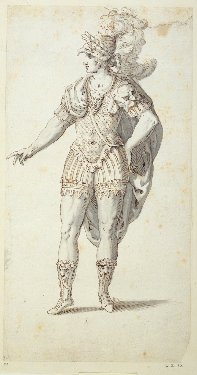 Endeligt design til Oberons kjole, ca. 1611 (pen & blæk på papir) af Inigo Jones