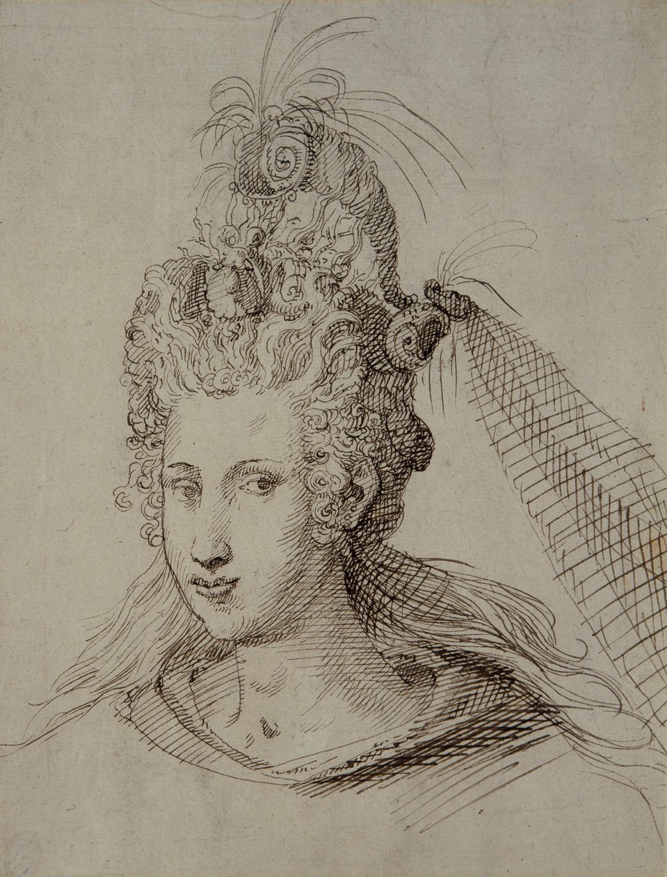 Hovedbeklædning, sandsynligvis til Anne af Danmark (pen & blæk på papir) af Inigo Jones