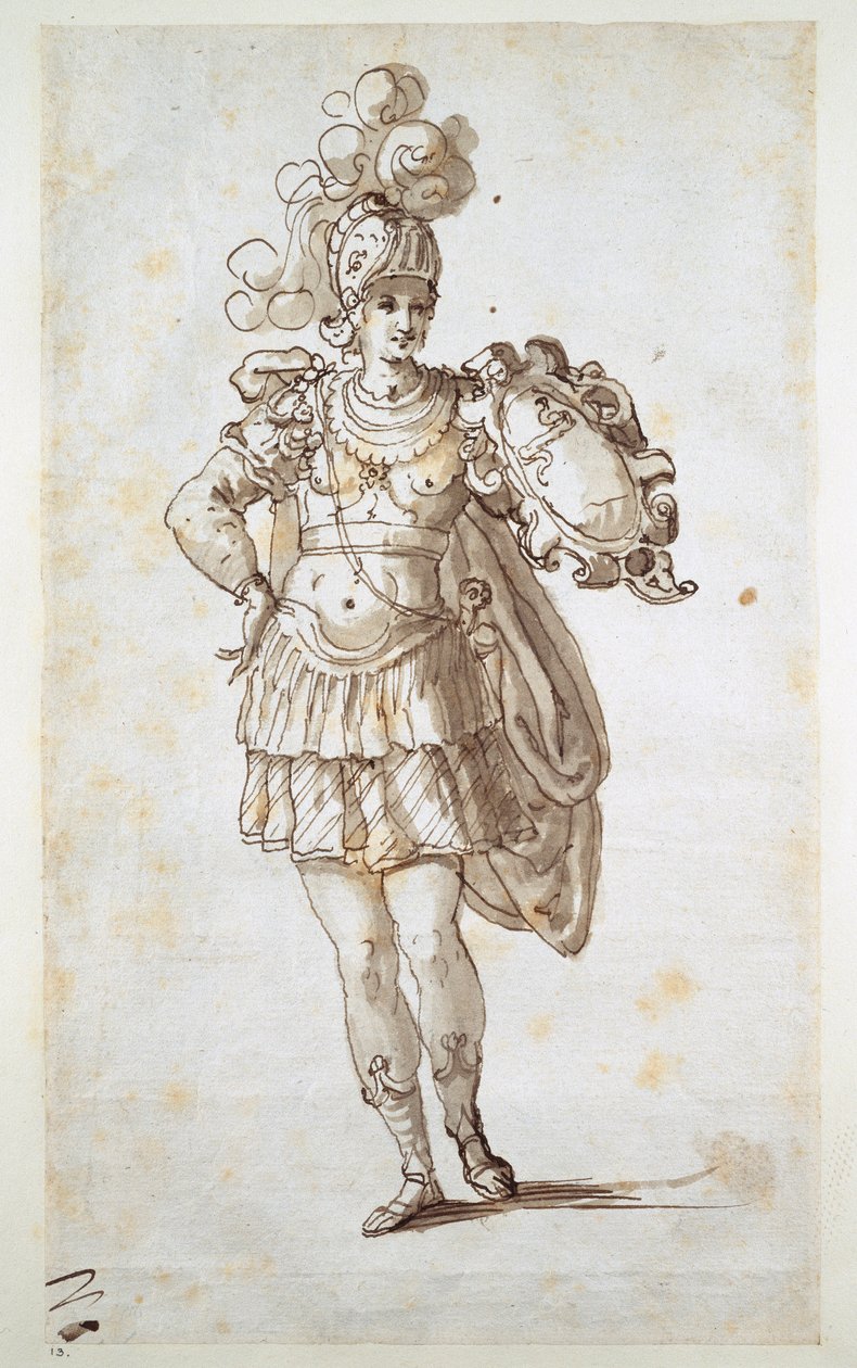 Ridder eller væbner, der bærer et skjold (pen og blæk på papir) af Inigo Jones