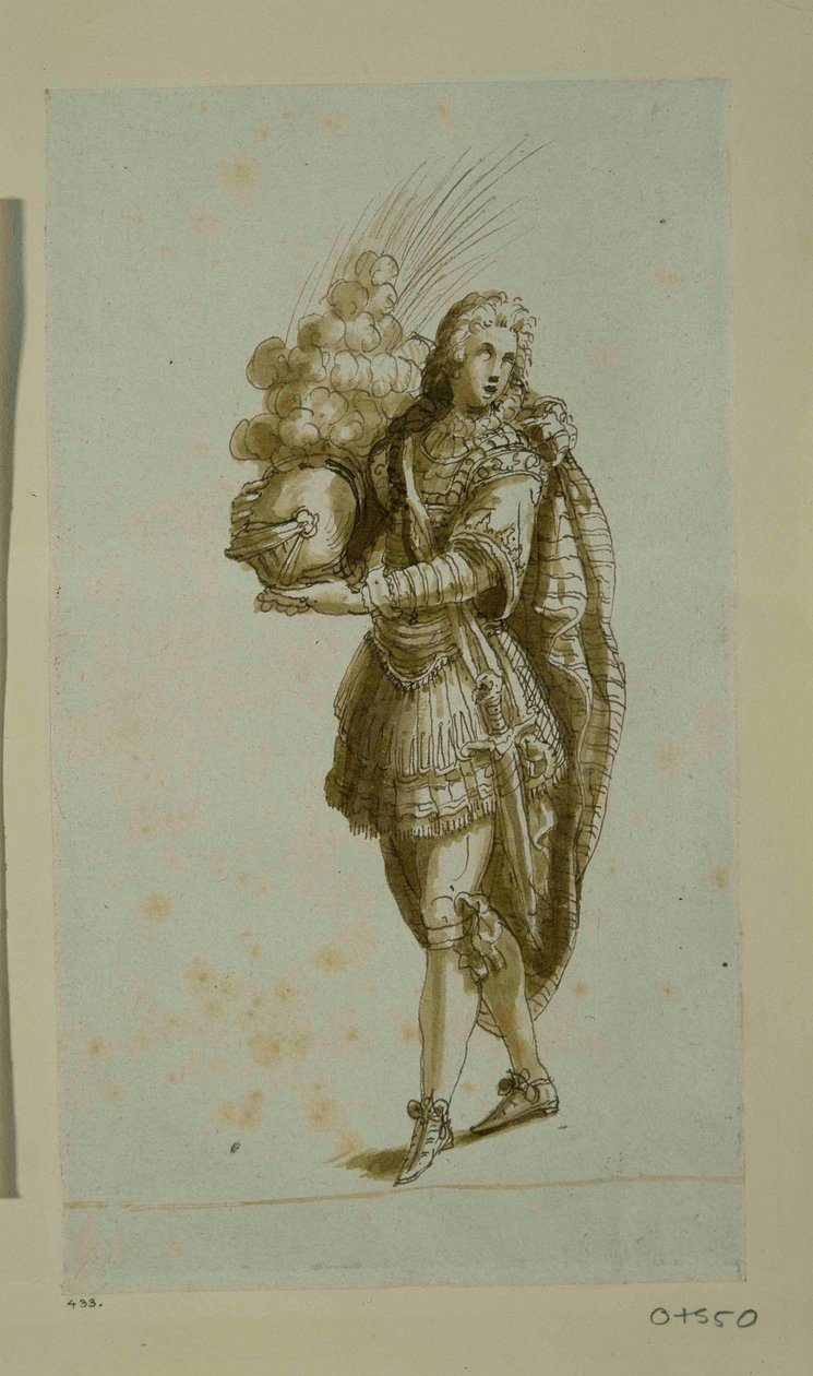 Side med en hjelm (pen og blæk på papir) af Inigo Jones