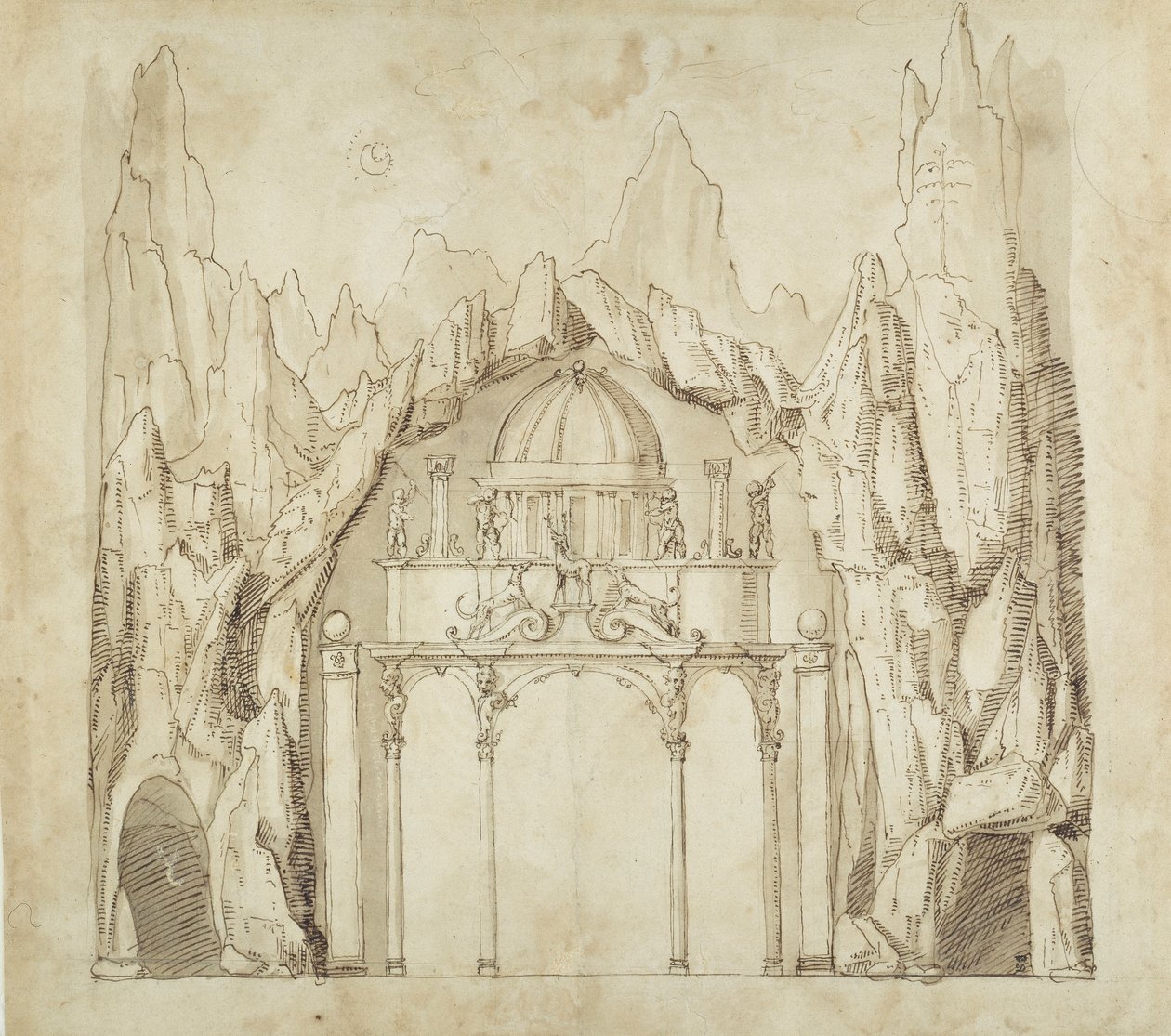 Palads i en hule, ca. 1611 (pen og blæk på papir) af Inigo Jones