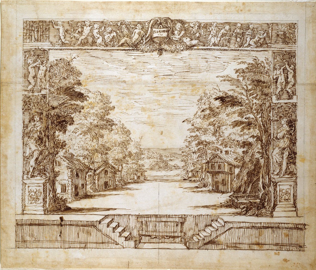 Proscenium og stående scene, ca. 1635 (pen & blæk på papir) af Inigo Jones