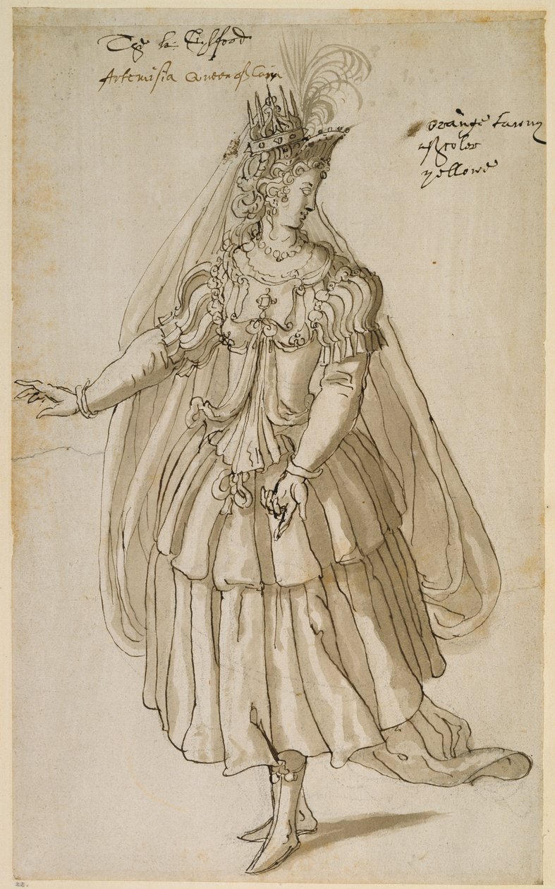 Dronning Artemisia, ca. 1609 (pen og blæk på papir) af Inigo Jones